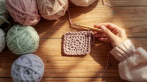Začiatočnícke pomôcky na háčkovanie – farebné priadze, háčik a rozpracovaný vzor na drevenom stole v prirodzenom svetle.