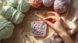 Pokojná a útulná scéna háčkovania pre začiatočníkov s jemnými priadzami a minimalistickým prostredím.