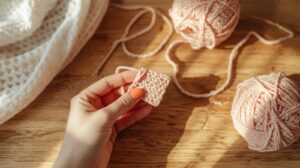 Začiatočnícke pomôcky na háčkovanie – farebné priadze, háčik a rozpracovaný vzor na drevenom stole v prirodzenom svetle.