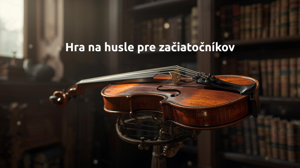 Detailný pohľad na klasické drevené husle a sláčik na stojane, titulný obrázok pre článok o hre na husle pre začiatočníkov.
